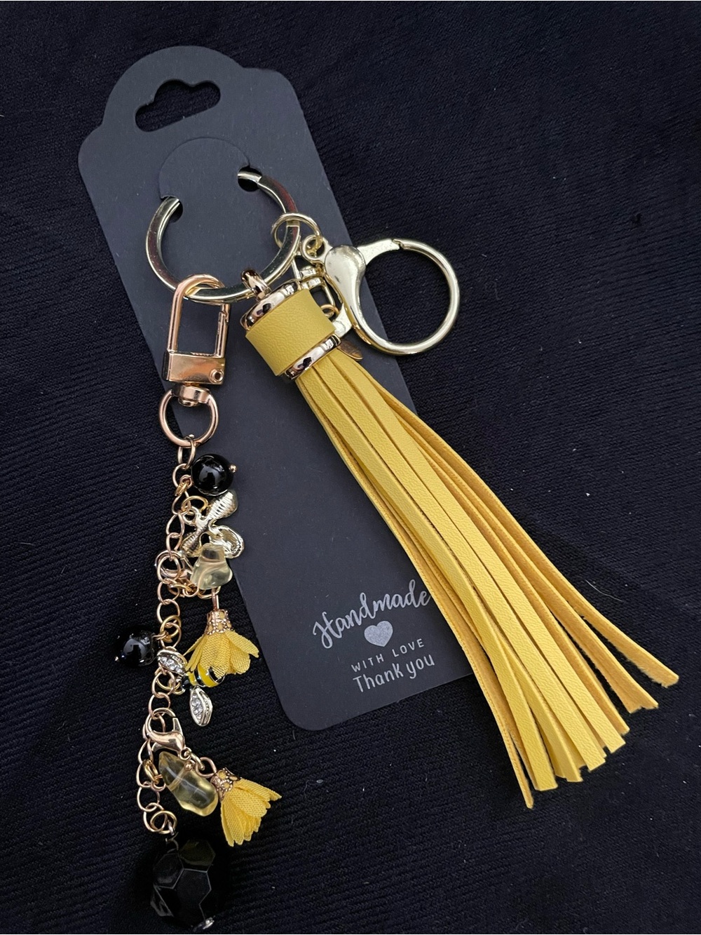Yellow Tassel and Bee Charm Keychain with Gold Hardware